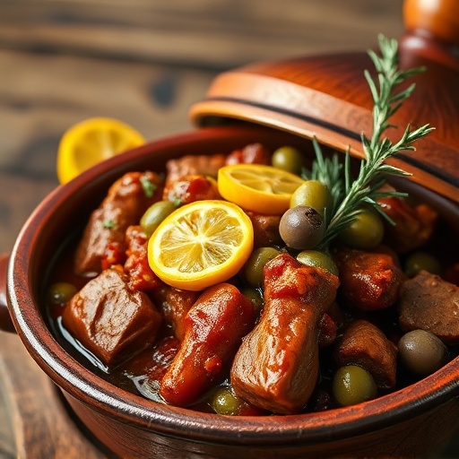 Close-up of Atlas Mountain tagine with preserved lemons, olives, and aromatic herbs.