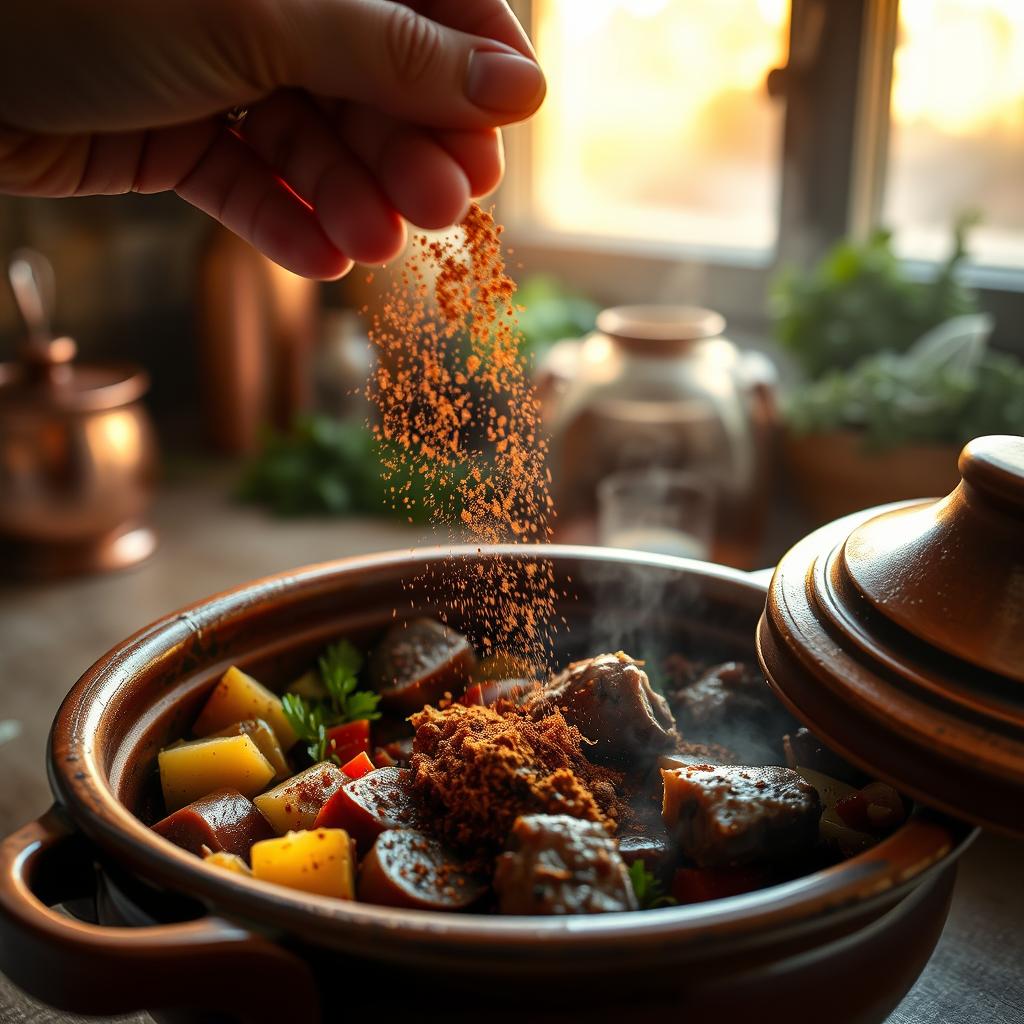 Hand seasoning a Moroccan tagine with Ras el-Hanout spice blend in a rustic kitchen