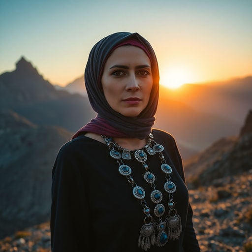 Amazigh woman wearing traditional silver jewelry and blue dress in the Atlas Mountains at sunset