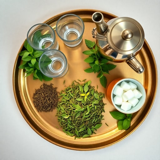Ingredients for Moroccan tea culture including green tea leaves fresh mint and sugar on a brass tray