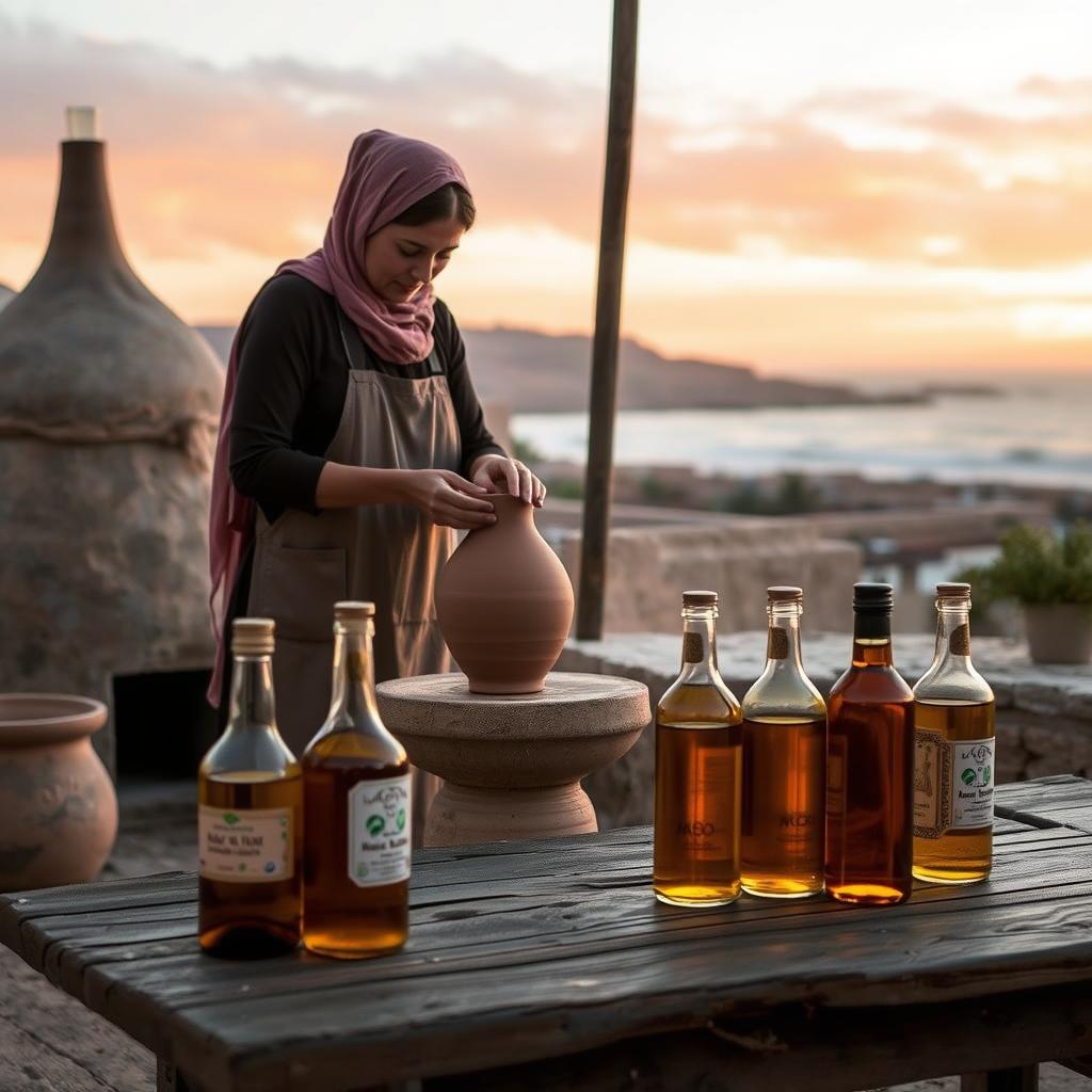 Female potter shaping eco‑certified ceramic vase in an Essaouira solar‑fired workshop with argan oil bottles
