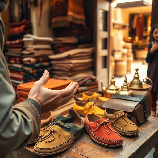 Artisan vendor displaying handcrafted leather goods and slippers at a Moroccan market stall