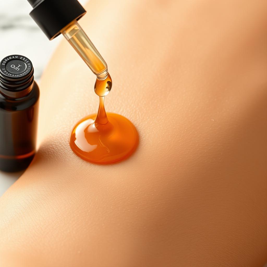 Close up of pure golden argan oil drop on glowing skin next to a dark glass bottle