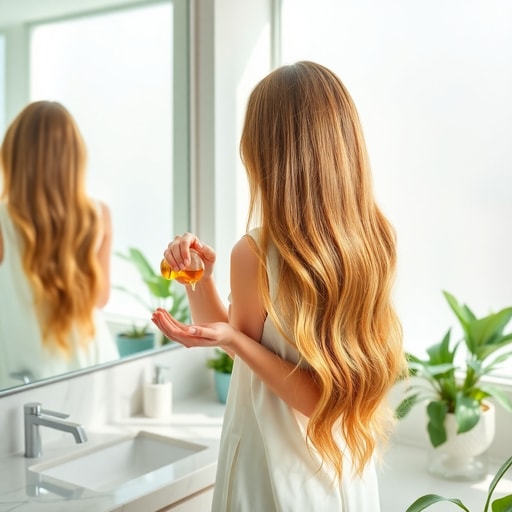Woman spreading argan oil through her hair, showcasing argan oil benefits for natural skin and hair care and its strengthening, shine‑enhancing effects