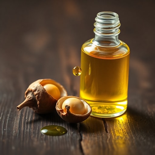 Close up of golden Moroccan argan oil bottle with raw argan nuts on wooden table