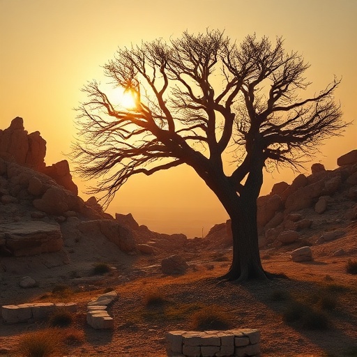Argan tree in the Moroccan semi-arid landscape at sunset representing the historical origin of argan oil