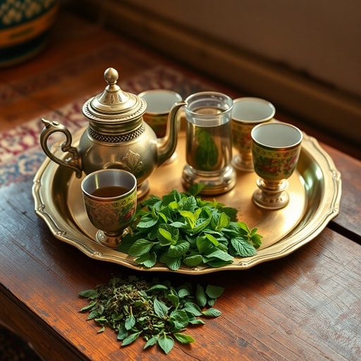 Traditional Moroccan tea set with silver pot, glasses, and fresh mint leaves arranged on a tray