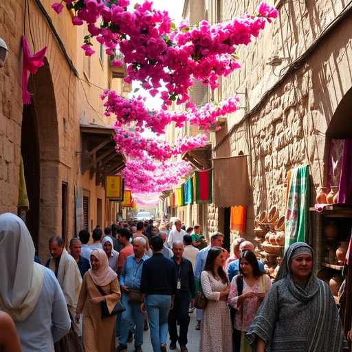 Crowds celebrating a traditional Moroccan festival in a decorated medina street
