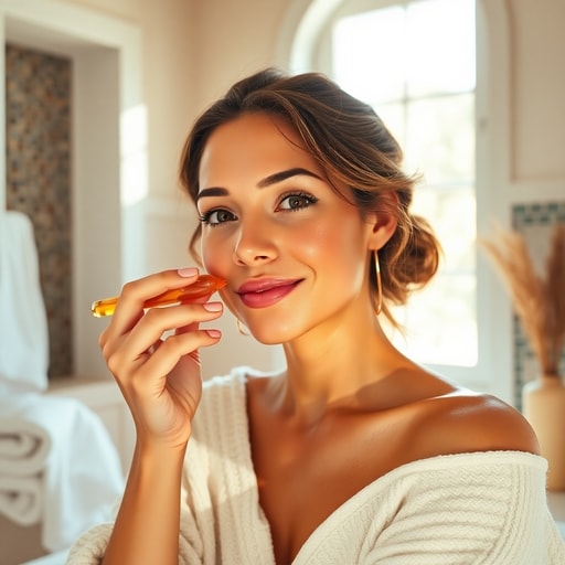 Woman applying argan oil to face during natural skincare routine in bright bathroom