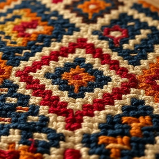 Close-up of vintage Berber rug texture with indigo and crimson geometric patterns