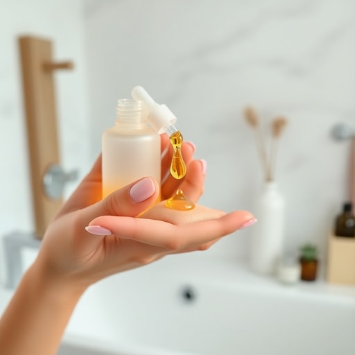 Close up of golden organic argan oil drops from a glass dropper onto fingertips for skincare routine