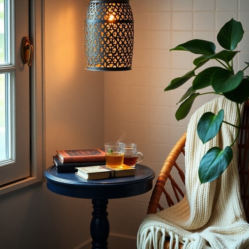 Cozy reading nook with layered lighting using a Moroccan lantern and indigo table, perfect for applying bohemian style design tips.