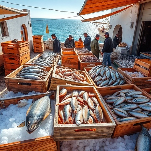 Fresh Atlantic seafood catch on ice at the bustling Essaouira port market in Morocco.