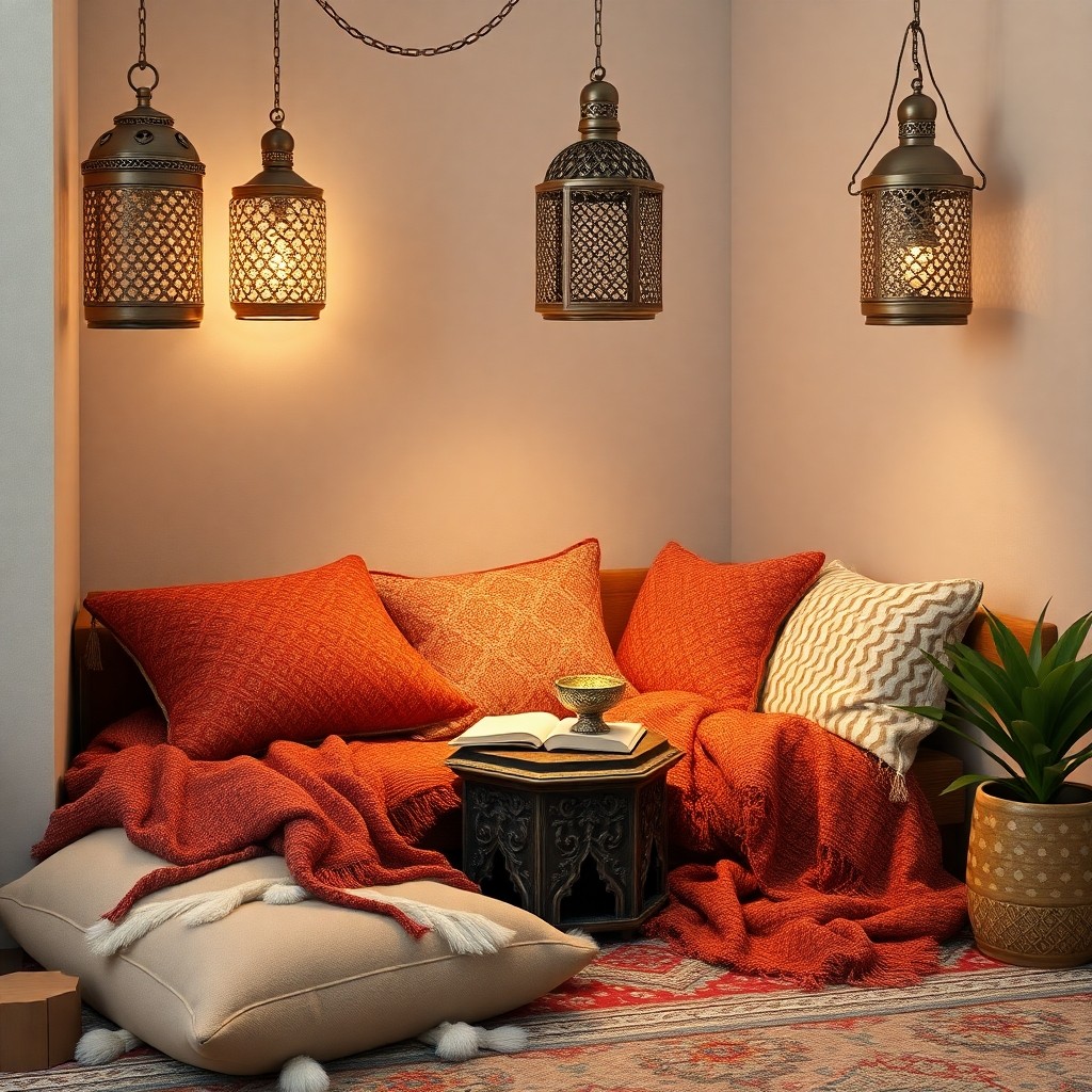 Cozy Moroccan-inspired reading nook with plush floor cushions, layered patterned textiles, a small carved wooden side table, and glowing traditional metal lanterns, creating a warm and inviting atmosphere for relaxation.