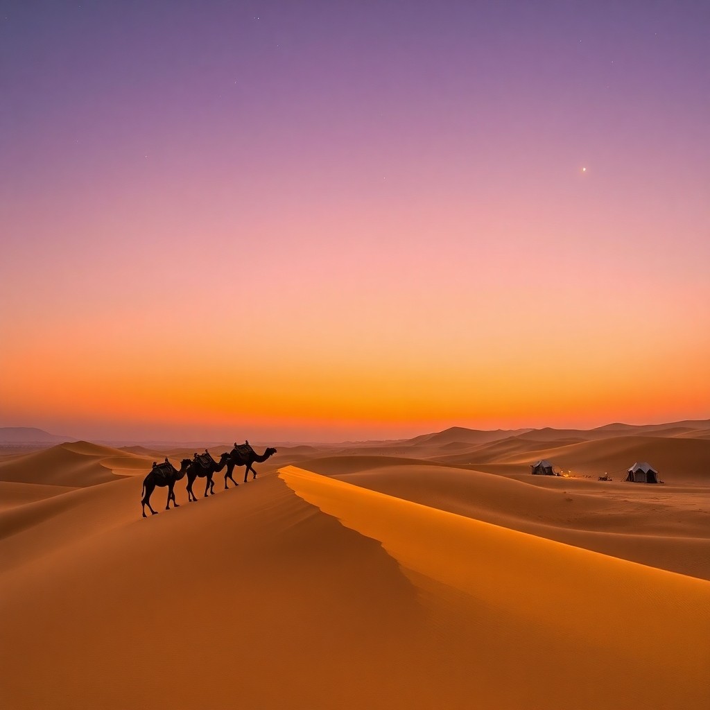 Golden sand dunes of the Sahara Desert at dusk with camels and a traditional Berber camp under a starry sky