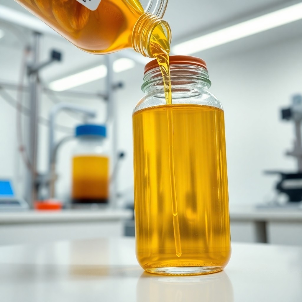Close-up of pure Moroccan Argan oil being poured into a glass bottle in a modern laboratory setting