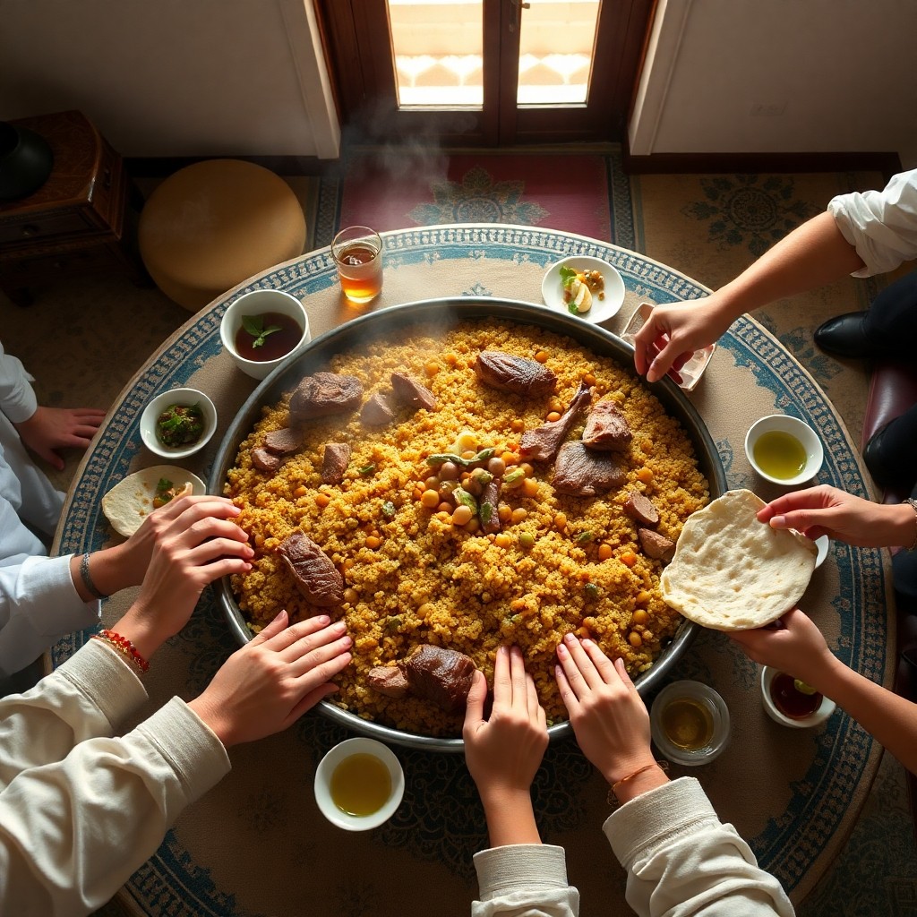 Traditional Moroccan communal Friday couscous platter served on a mosaic-tiled table with hands reaching in