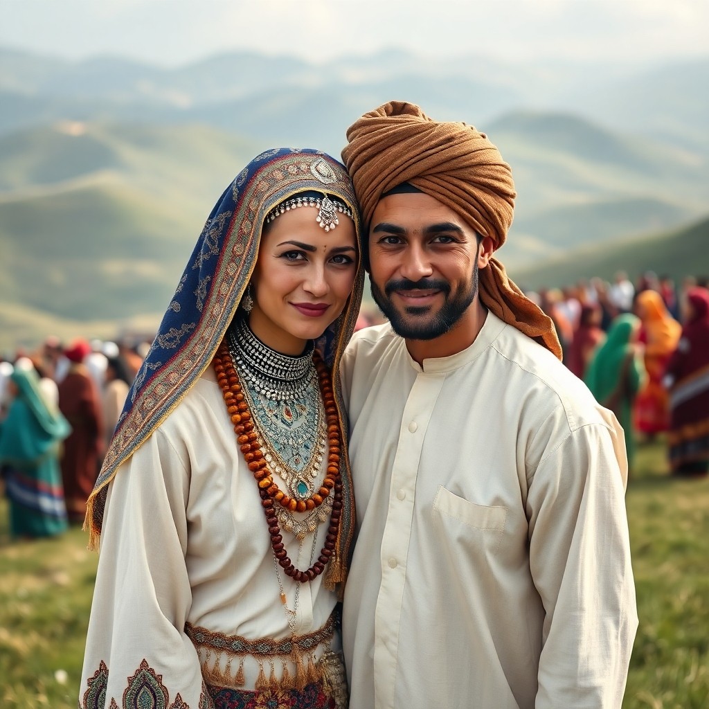 Berber bride and groom in traditional Amazigh wedding attire at the Imilchil Marriage Festival in Morocco's Middle Atlas Mountains