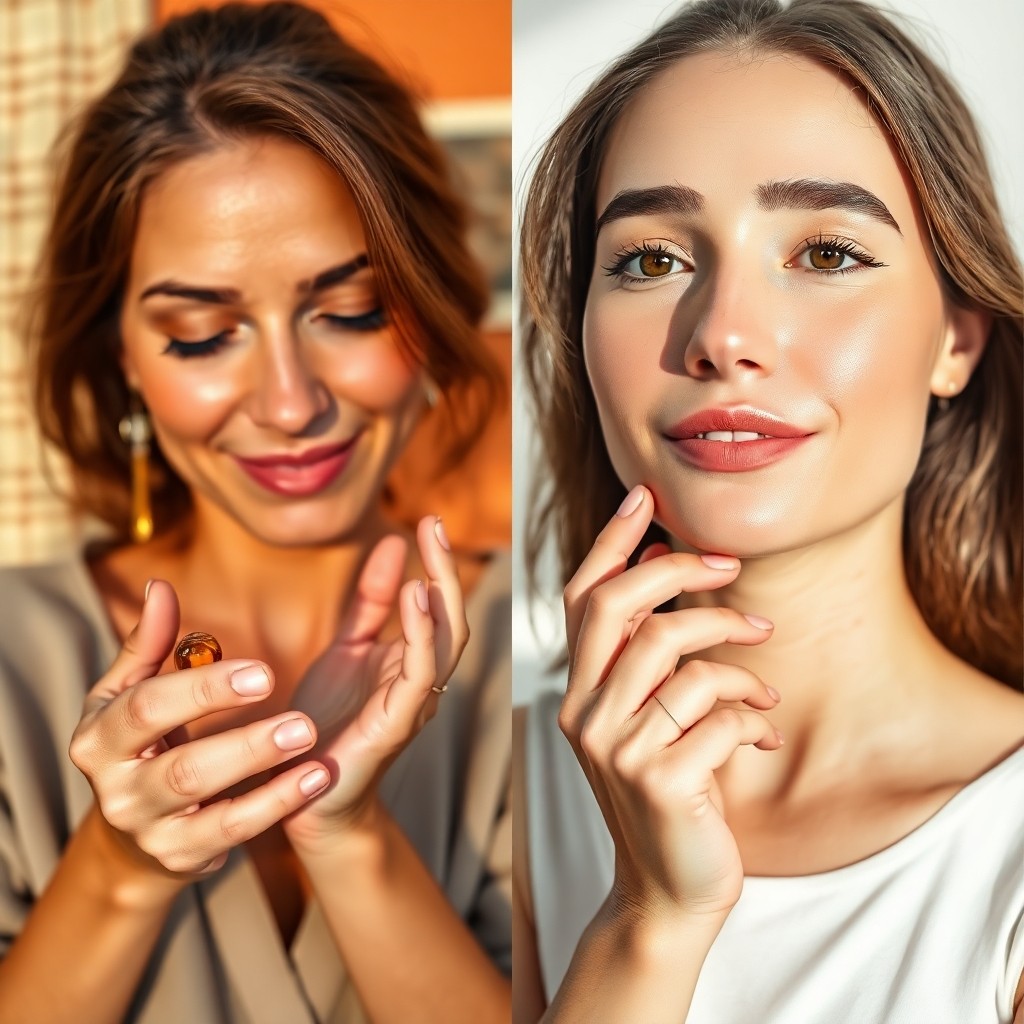 Side-by-side beauty portraits showing a woman applying Moroccan argan oil for dry skin and another applying jojoba oil for oily skin, illustrating carrier oil selection by skin type
