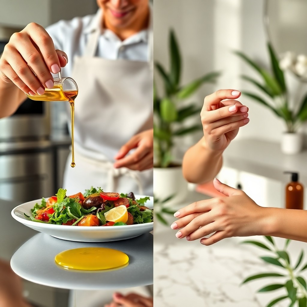 Chef pouring olive oil over salad on one side and influencer applying argan oil to skin on the other side, illustrating culinary and cosmetic uses