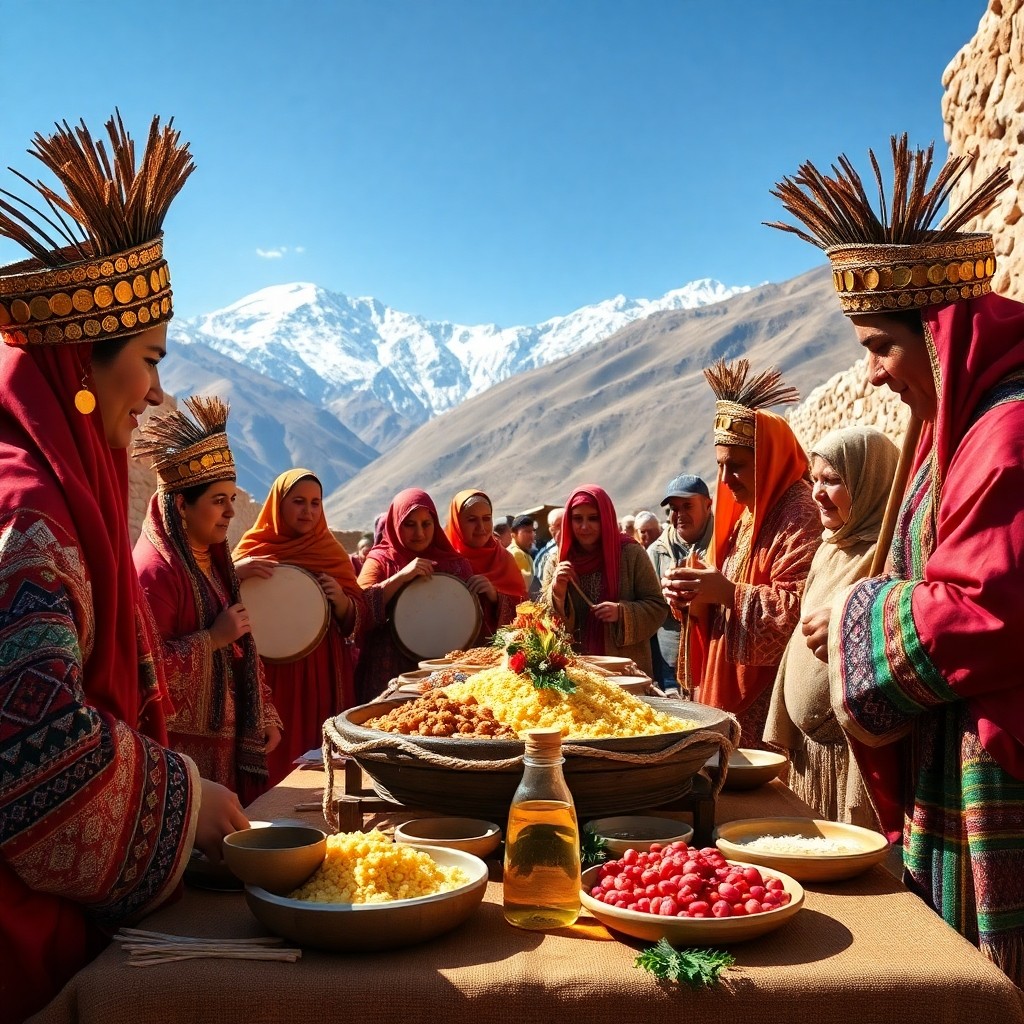Traditional Berber wedding festival in the High Atlas Mountains with musicians, colorful textiles, and Moroccan culinary traditions