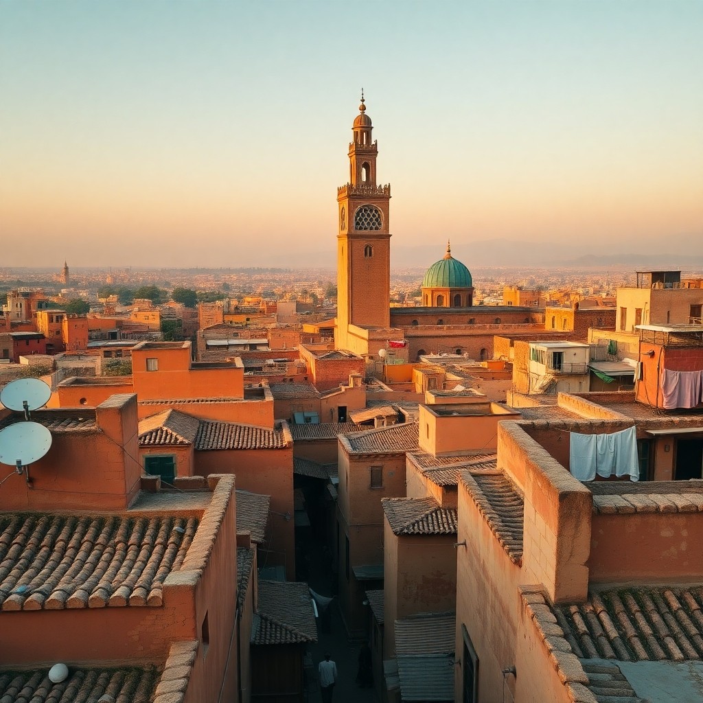 Al-Qarawiyyin Mosque minaret overlooking the ancient Fez medina at golden hour, showcasing Morocco's rich architectural heritage and centuries-old cultural landscape