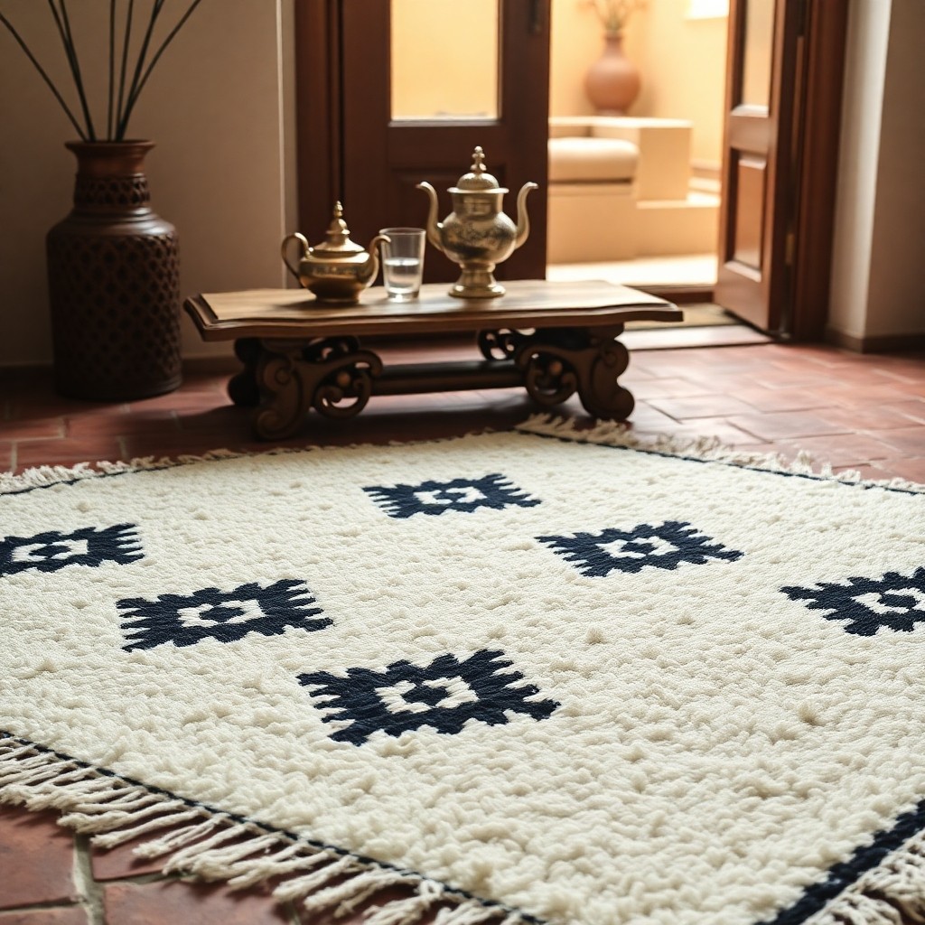 An authentic handmade white Beni Ouarain Moroccan wool rug with black geometric diamond patterns in a styled room.