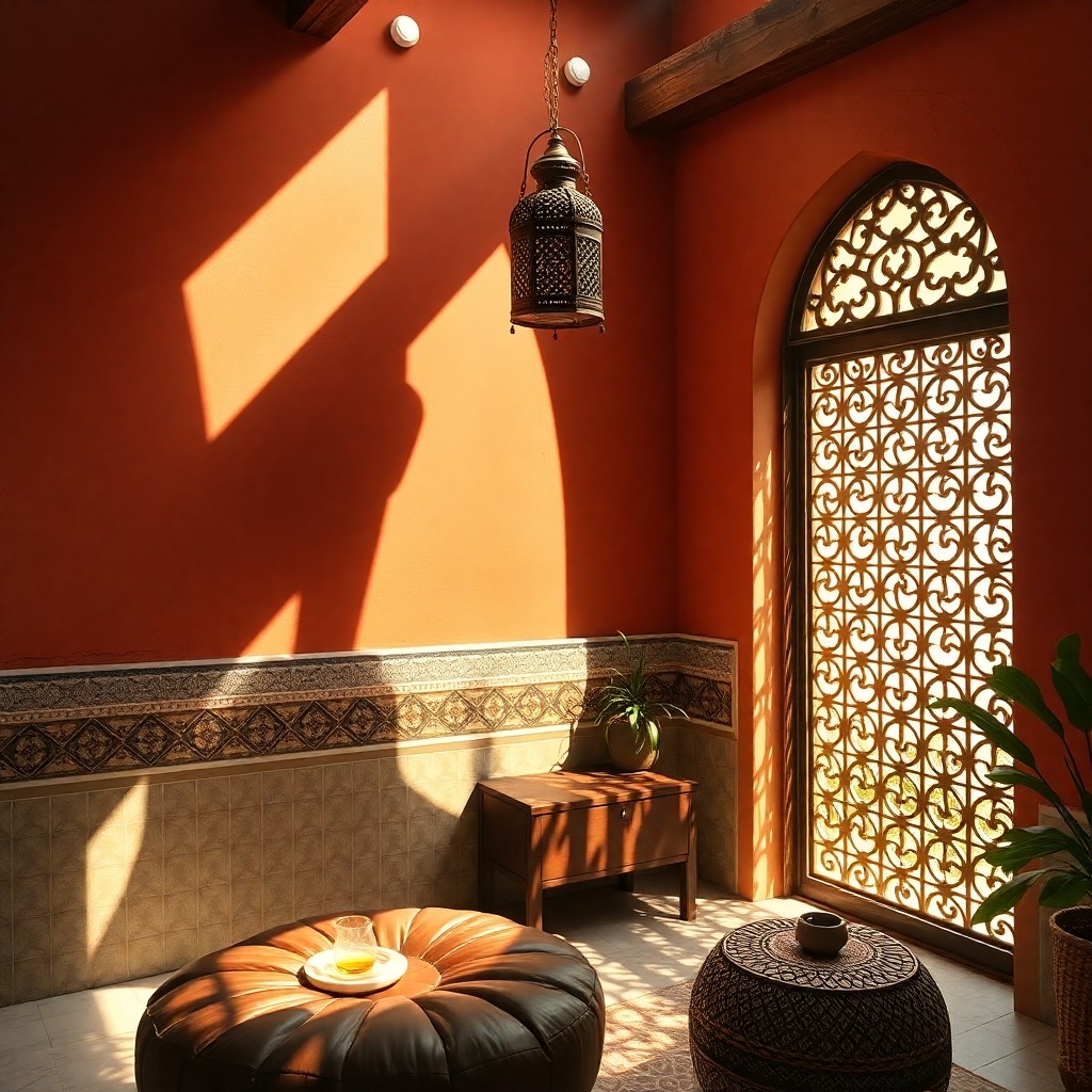 Traditional Moroccan riad interior with tadelakt walls, zellige tiles, and brass lantern in warm afternoon light