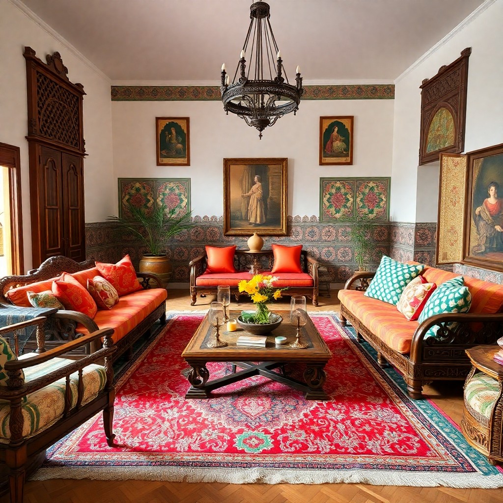 Traditional Moroccan living room with Beni Ouarain rug and colorful textiles