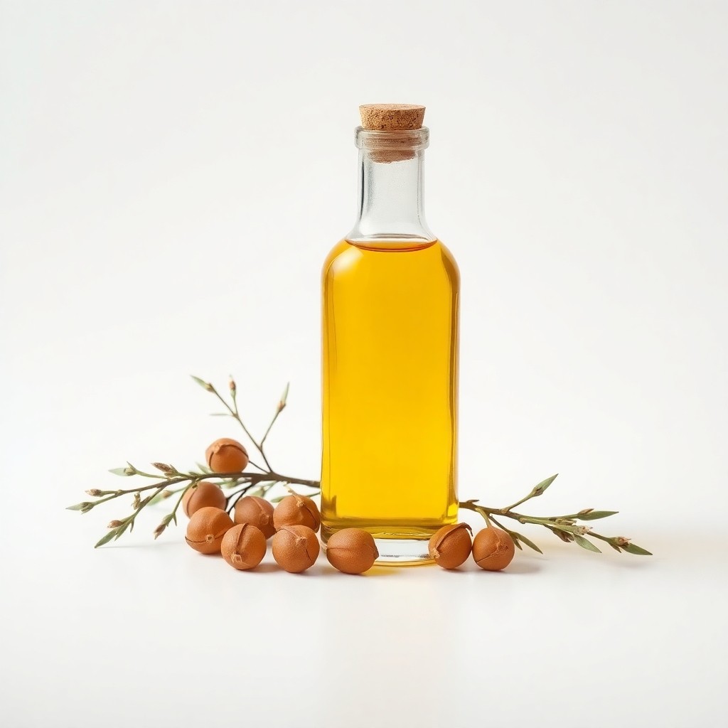 Argan oil bottle with argan nuts and tree branch on white background
