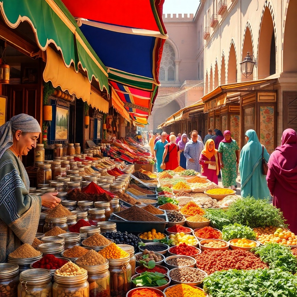 Marrakech spice market stalls with cumin, coriander, and preserved lemons