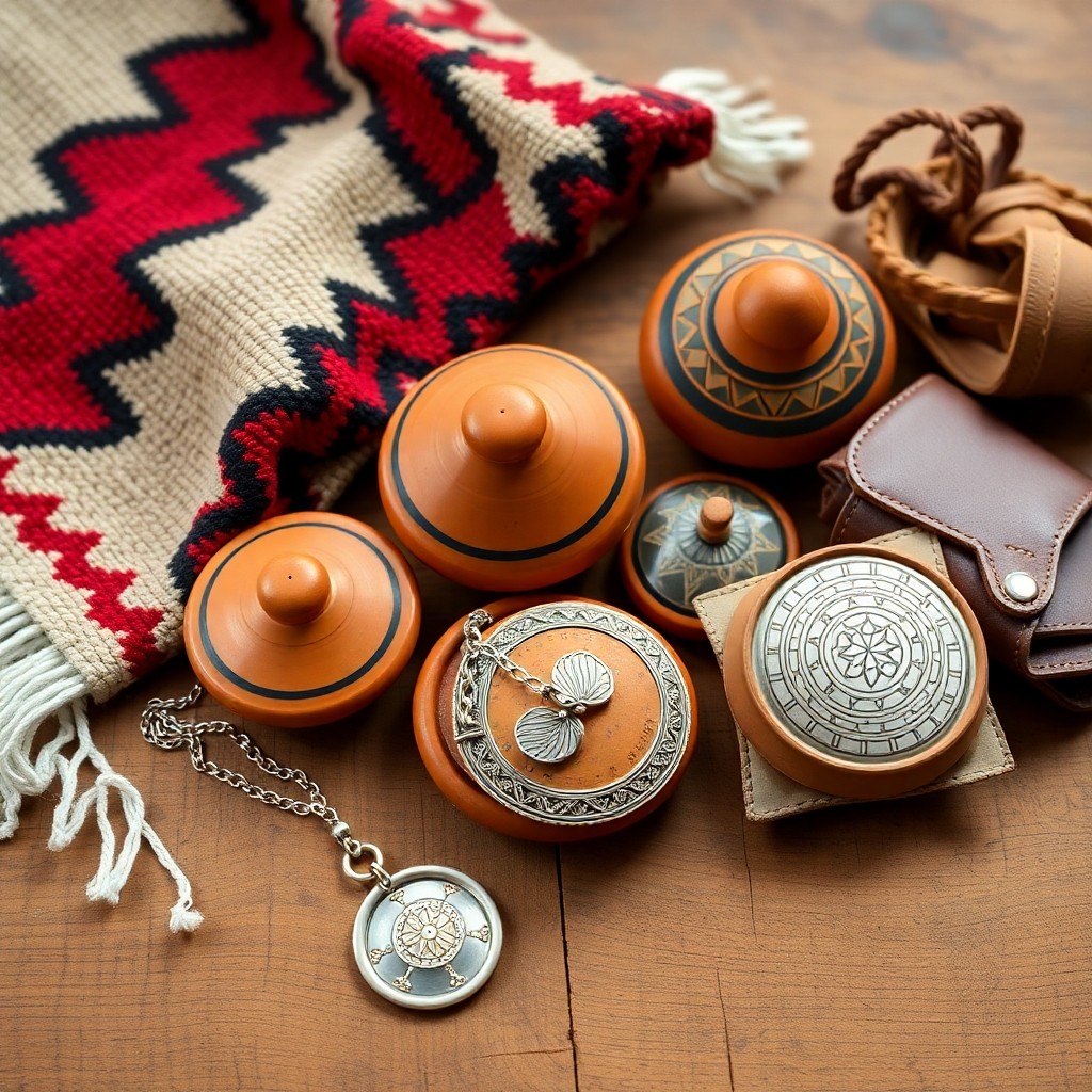 Assortment of traditional Berber crafts including a handwoven rug, pottery, jewelry, and leather goods