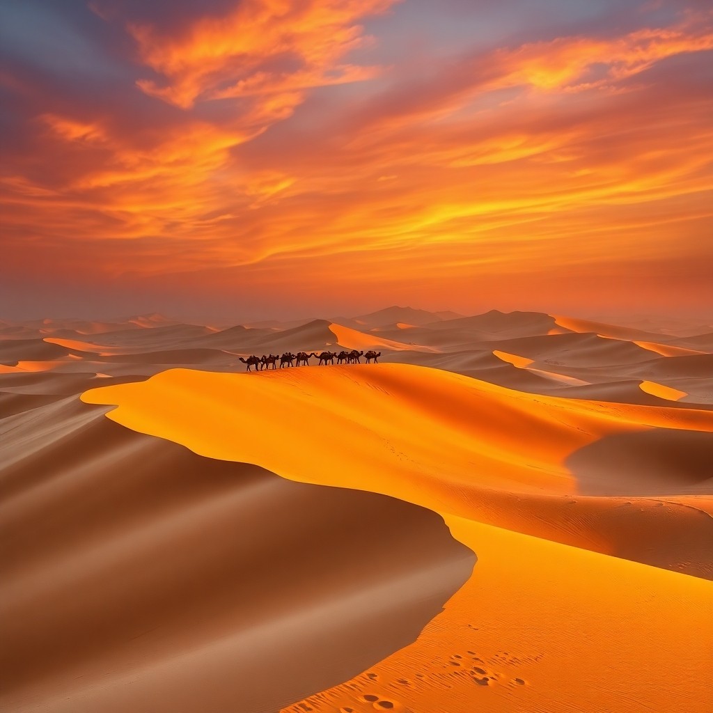 Golden hour panoramic view of the Sahara Desert dunes in Morocco with a camel caravan silhouette