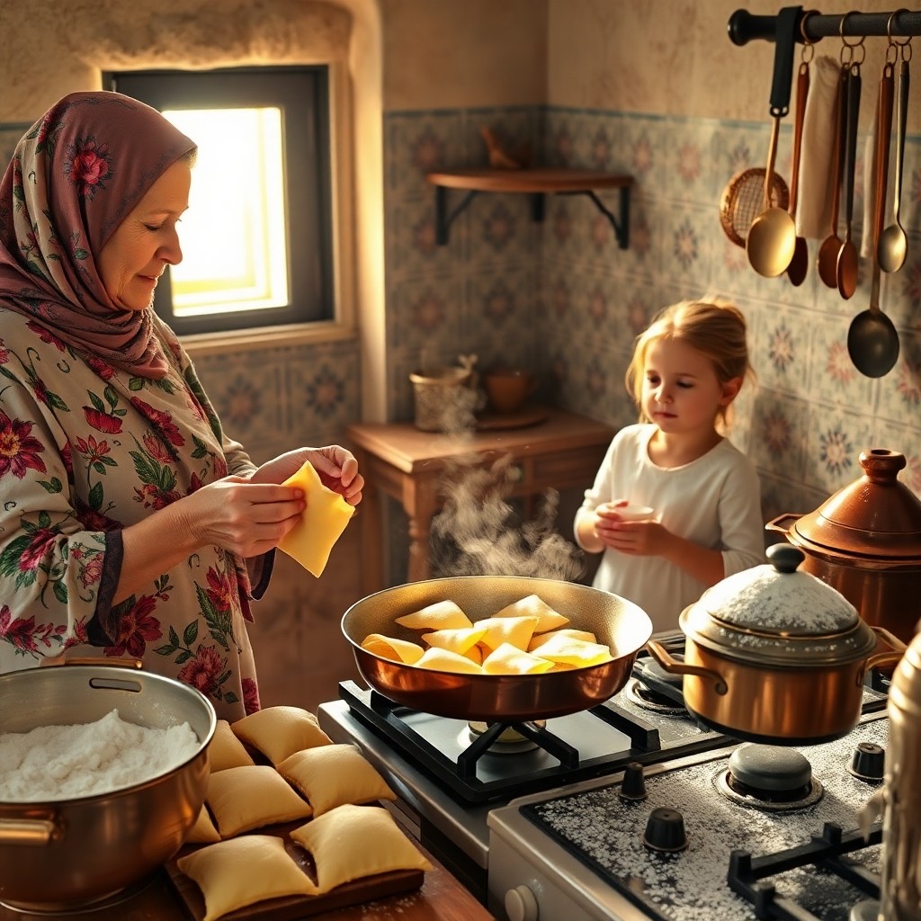 Moroccan family preparing traditional almond-filled briouats in a rustic kitchen, showcasing the intergenerational passing of culinary heritage in Morocco.