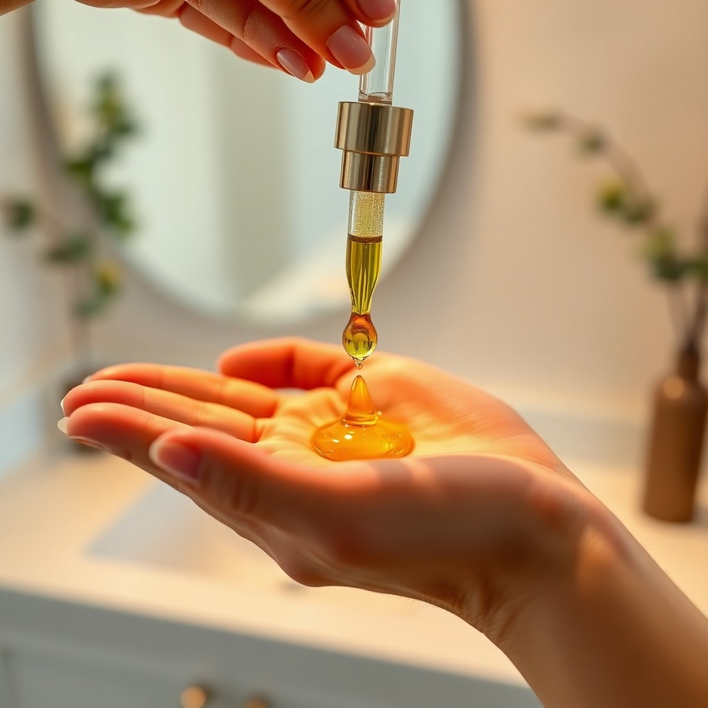 Close-up of a glass dropper dispensing a golden drop of pure argan oil onto a hand, showing its rich, liquid-gold texture.