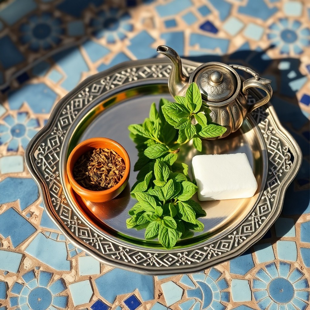 Authentic Moroccan mint tea ingredients including gunpowder green tea leaves, fresh spearmint, and sugar arranged on a handcrafted silver-plated brass tray.