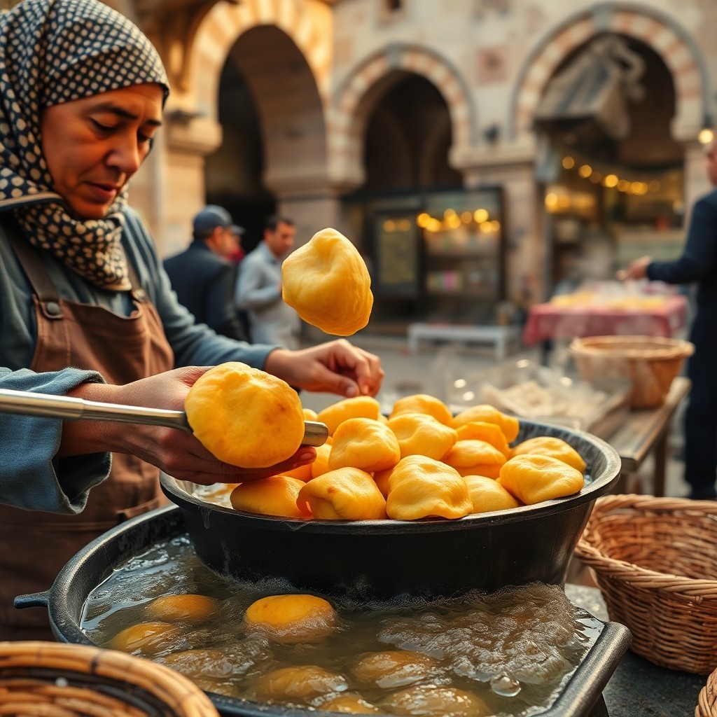 Street vendor in Fes frying golden sfenj doughnuts in a large oil pot on Talaa Kebira