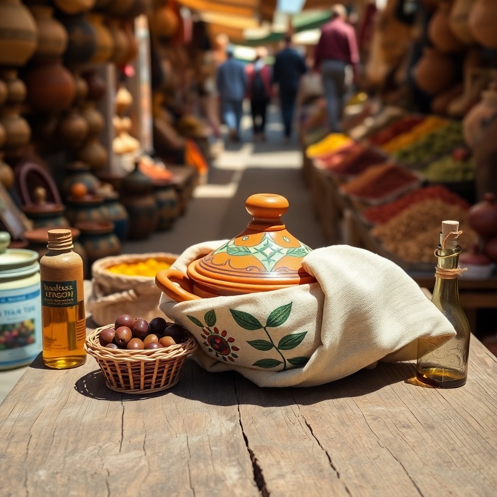 Traveler using reusable cloth to wrap a ceramic tagine for zero‑waste souvenir shopping in a Moroccan souk