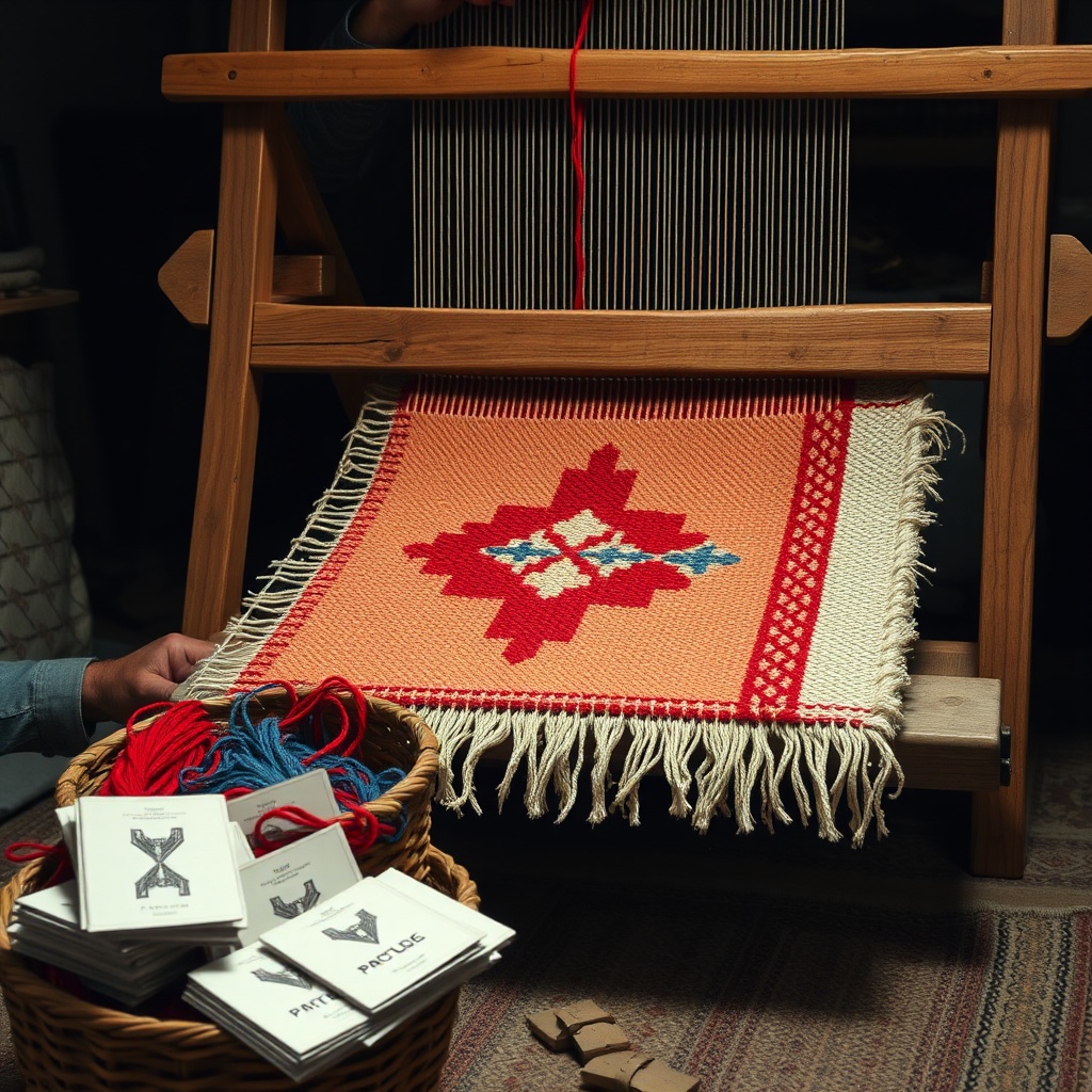 Berber artisan weaving a triangle‑arrow fertility charm on a loom, red thread tied around the arrow