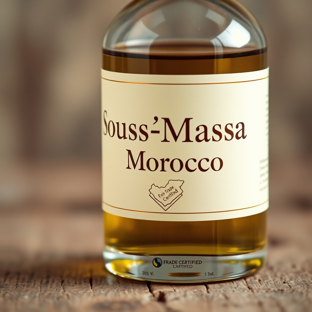 Clear glass bottle of argan oil labeled "Souss-Massa, Morocco" with Fair Trade certification seal