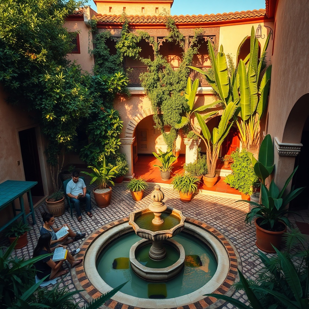 Traditional Moroccan riad courtyard with fountain and lush greenery at sunset