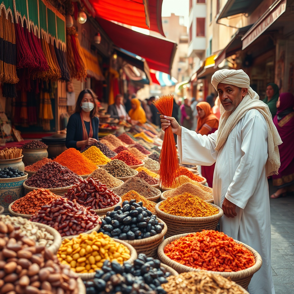 Colorful Moroccan spice market with saffron, prunes, and traditional spices
